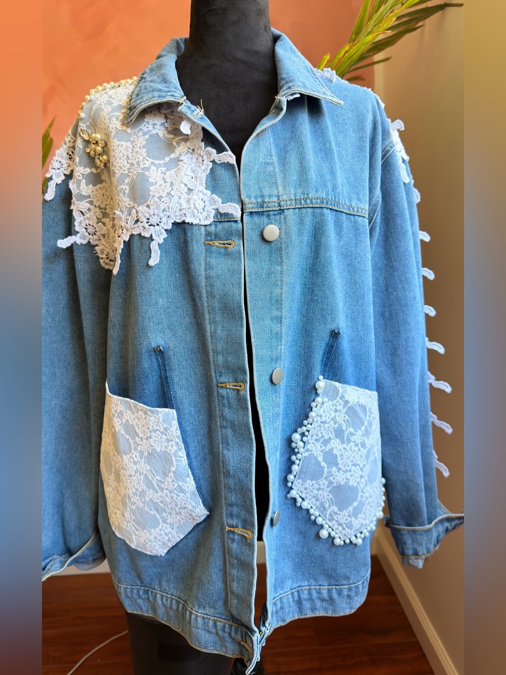 Denim Jacket with White Lace & Pearl Embellishments